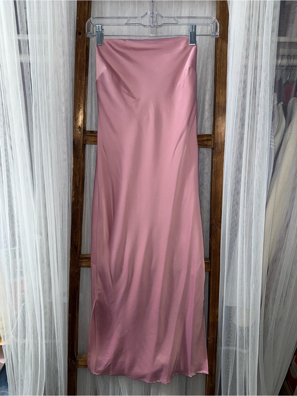 Urban Outfitters Dusty Pink Satin Midi Strapless Dress